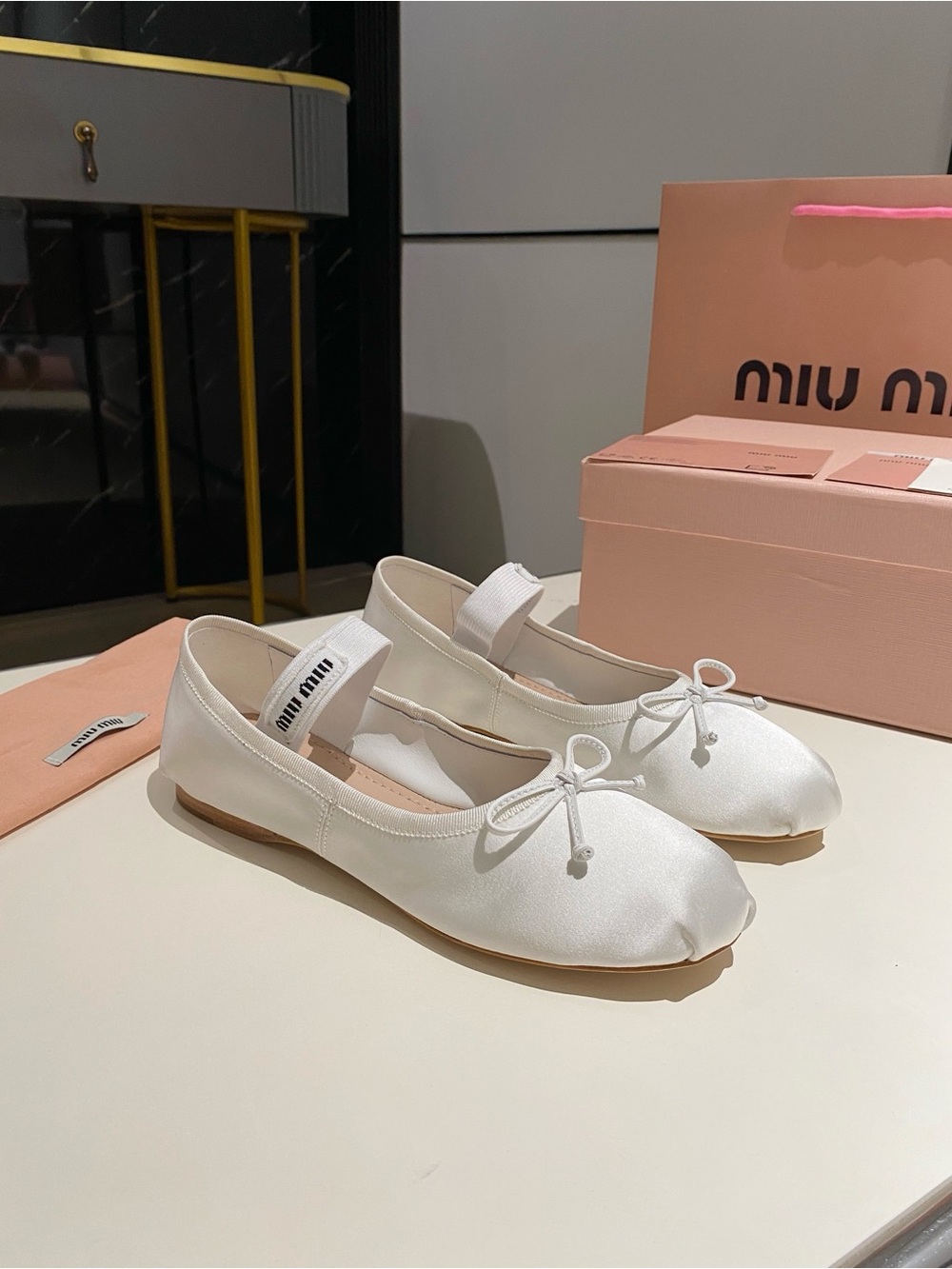 Miu Miu White Satin Ballet Flats with Logo Elastic Strap and Bow - Picture 2 of 6